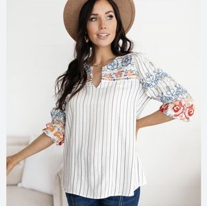 Savanna Jane Boho Blouse w/Embroidered Stripes/Front Yolk/Sleeves women's S